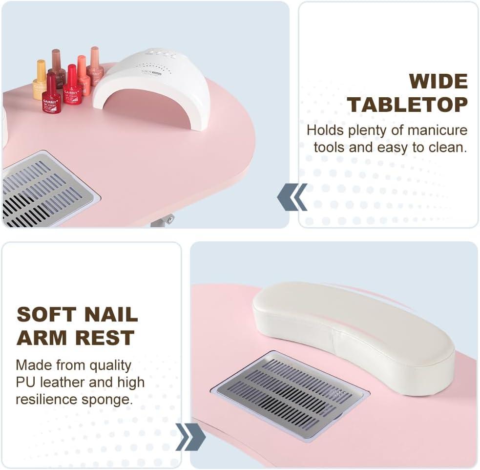 Portable Manicure Table Foldable Nail Desk with Large Drawer Nail Tech Table for Technician Salon Workstation Client Wrist Cushion/Carry Bag/4 Lockable Wheels, 36-inch, Pink