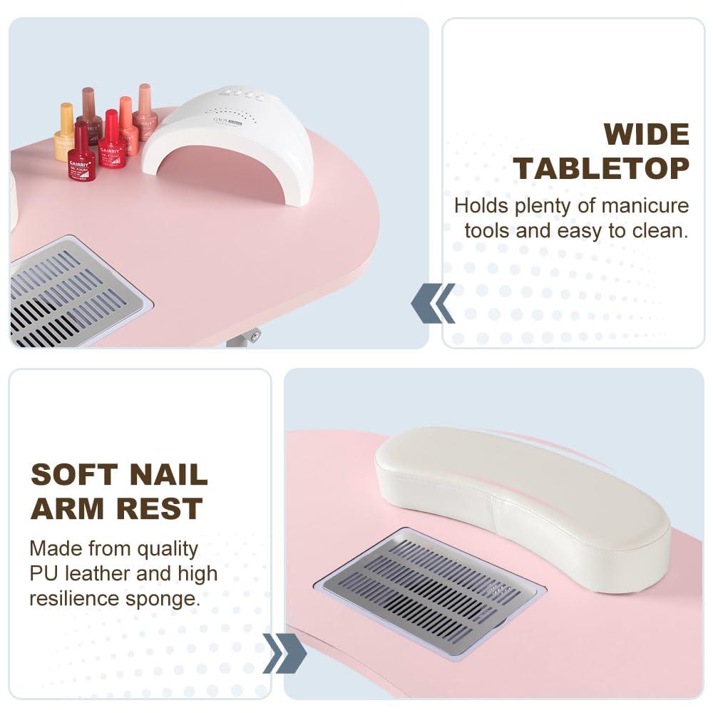 Portable Manicure Table Foldable Nail Desk with Large Drawer Nail Tech Table for Technician Salon Workstation Client Wrist Cushion/Carry Bag/4 Lockable Wheels, 36-inch, Pink