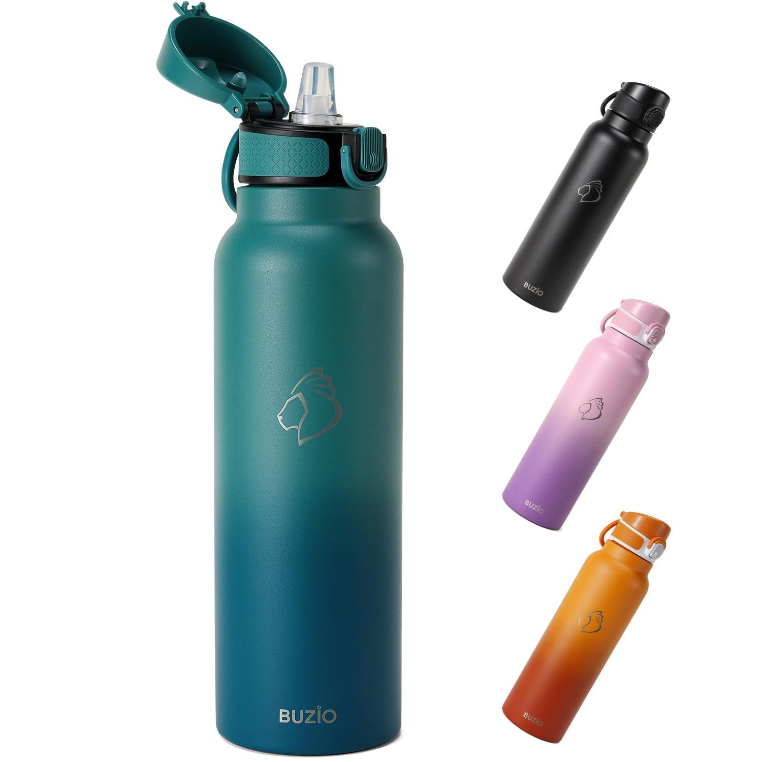 Buzio 32 oz Insulated with Straw & Brush Vaccum Stainless Steel Metal 3 Lids Water Flask for Sports, Gym or Office Keep Cold 48H Hot 24H，Pacific Prince