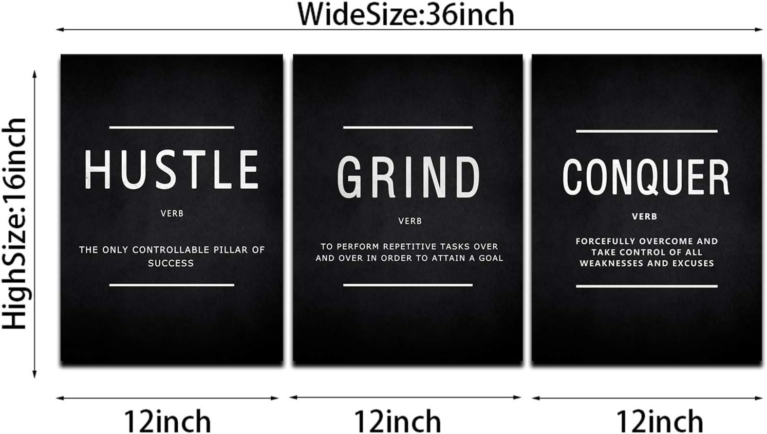 Success Quotes Wall Art, Grind Hustle Conquer Motivation Wall Poster Framed Positive Sayings Wall Hanging Inspirational Quotes for Home Office Workplace - 12x16inx3pcs