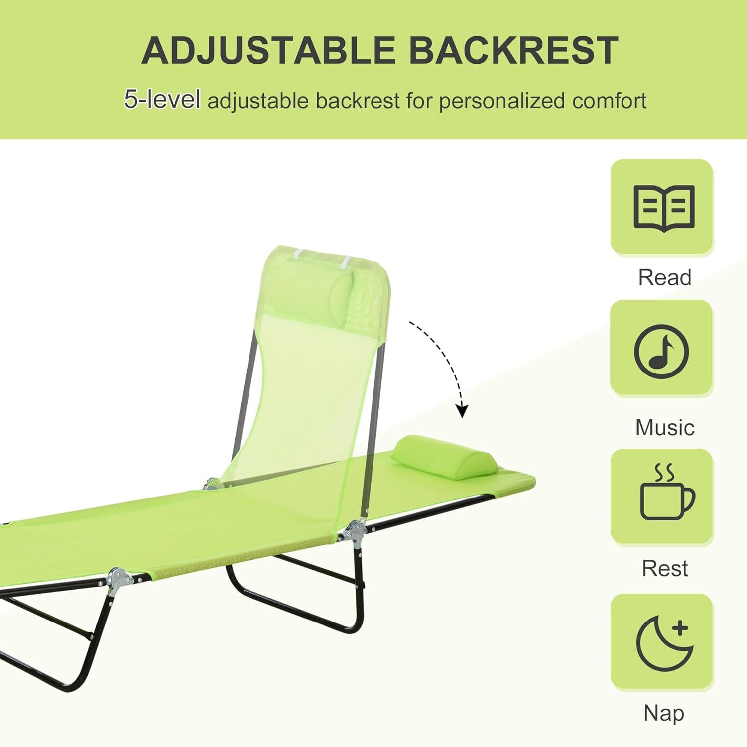 Outsunny Foldable Outdoor Chaise Lounge Chair, 5-Level Reclining Camping Tanning Chair with Breathable Mesh Fabric and Headrest, Green