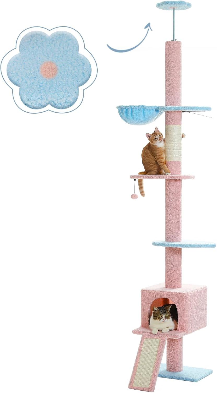 Adjustable Height Floor To Ceiling 5-Tier Tall Cat Tree Tower For Indoor Cats With Cat Condo, Cat Scratching Post And Cat Ladder