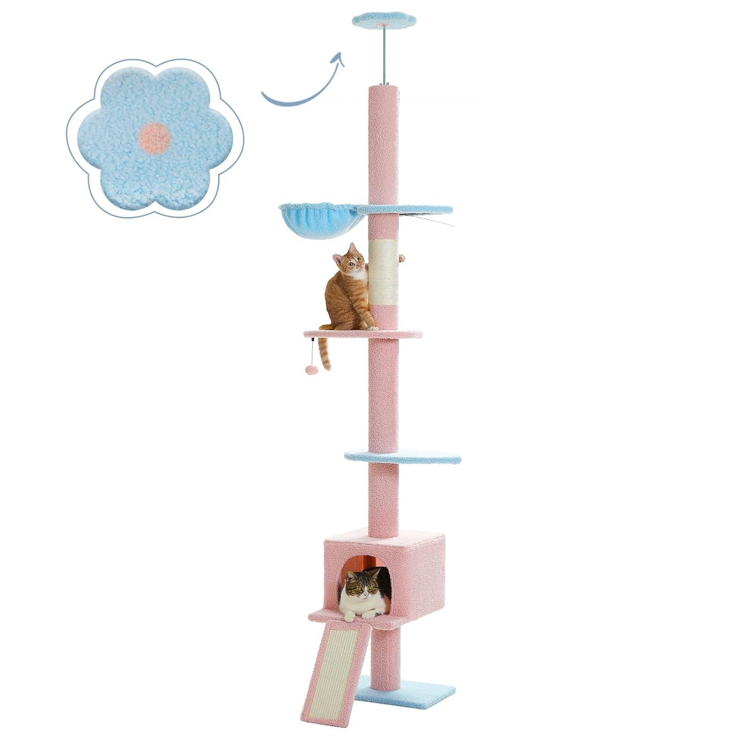 Adjustable Height Floor To Ceiling 5-Tier Tall Cat Tree Tower For Indoor Cats With Cat Condo, Cat Scratching Post And Cat Ladder