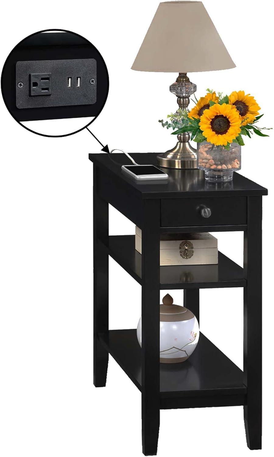 Convenience Concepts American Heritage 1 Drawer Chairside End Table with Charging Station and Shelves, Black