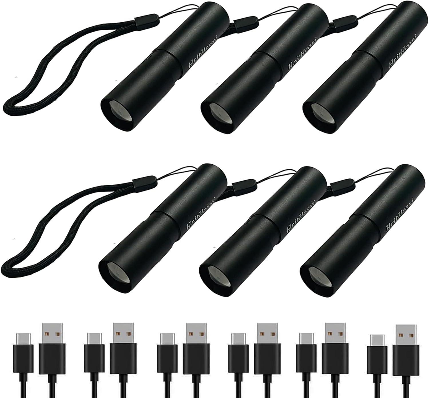 Rechargeable Mini LED Flashlights, 6pcs High Brightness Flash Light with Lithium Battery 3 Mode XPE 1200 Lumen Waterproof Zoomable Torch with USB Cable for Camping, Hiking, Riding, etc