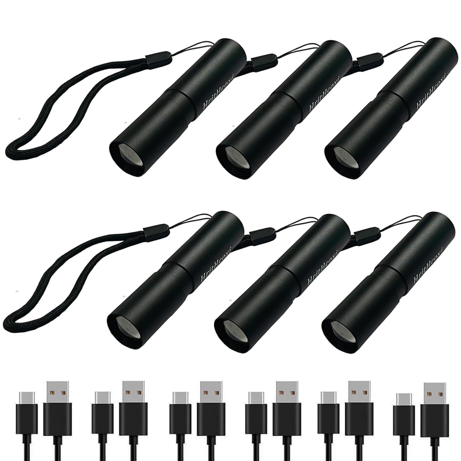 Rechargeable Mini LED Flashlights, 6pcs High Brightness Flash Light with Lithium Battery 3 Mode XPE 1200 Lumen Waterproof Zoomable Torch with USB Cable for Camping, Hiking, Riding, etc