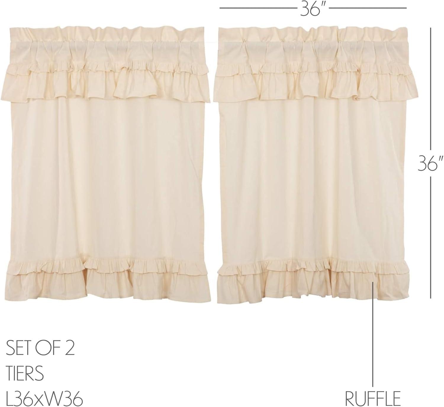 VHC Brands Muslin Ruffled Cortinas de Cocina Estilo Granja de Algodón de Color Sólido con Bolsillo para Barra, Par de Niveles de 36x36, Blanco Crema Natural