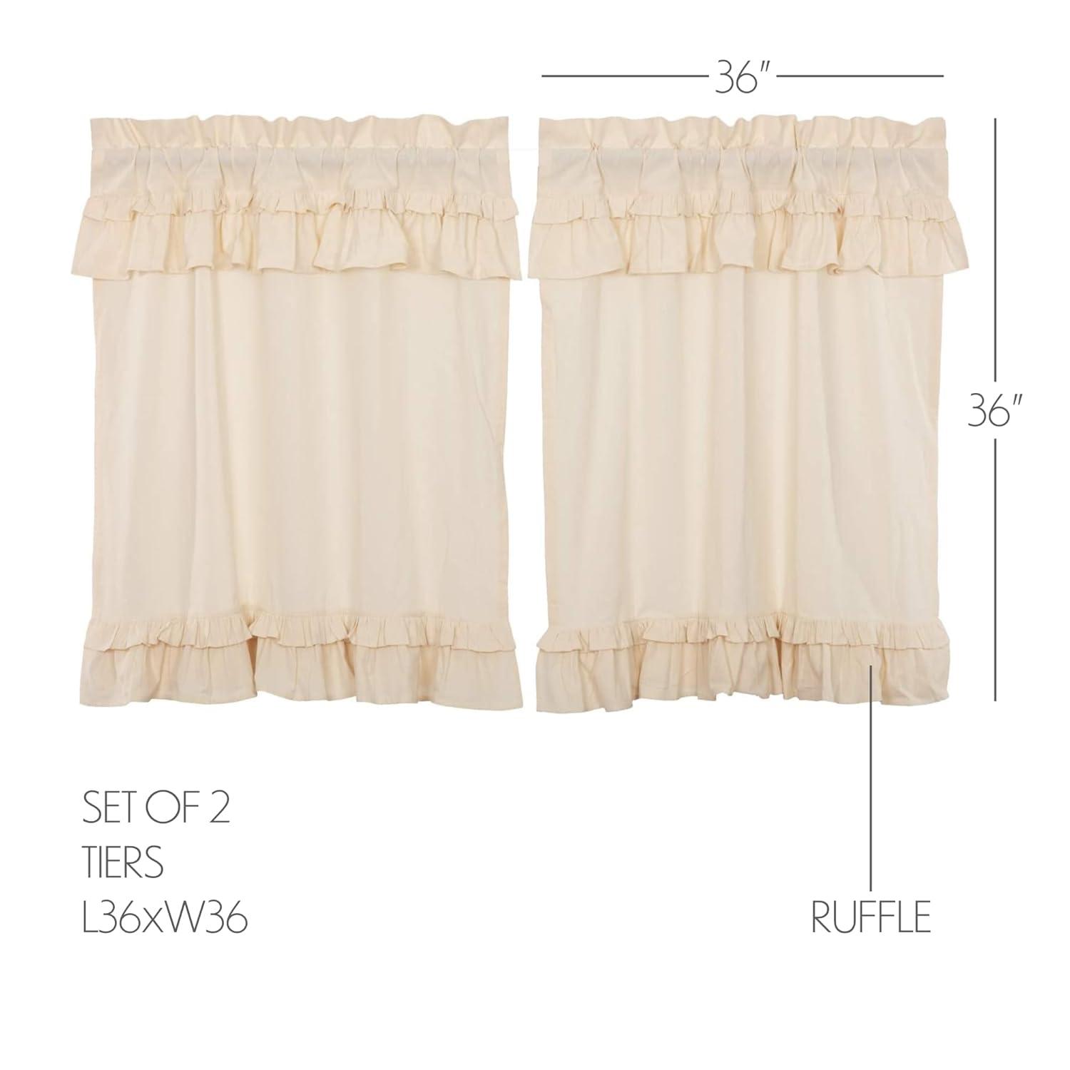 VHC Brands Muslin Ruffled Cortinas de Cocina Estilo Granja de Algodón de Color Sólido con Bolsillo para Barra, Par de Niveles de 36x36, Blanco Crema Natural