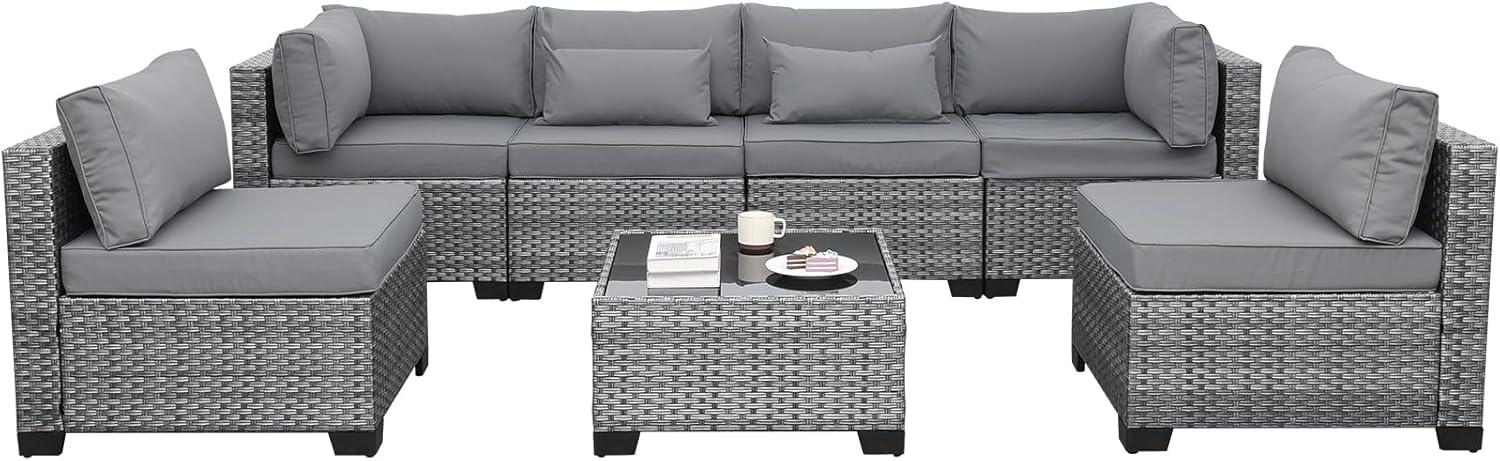 Valita 7 Piece Outdoor PE Wicker Furniture Set, Patio Gray Rattan Sectional Sofa Couch with Washable Grey Cushions