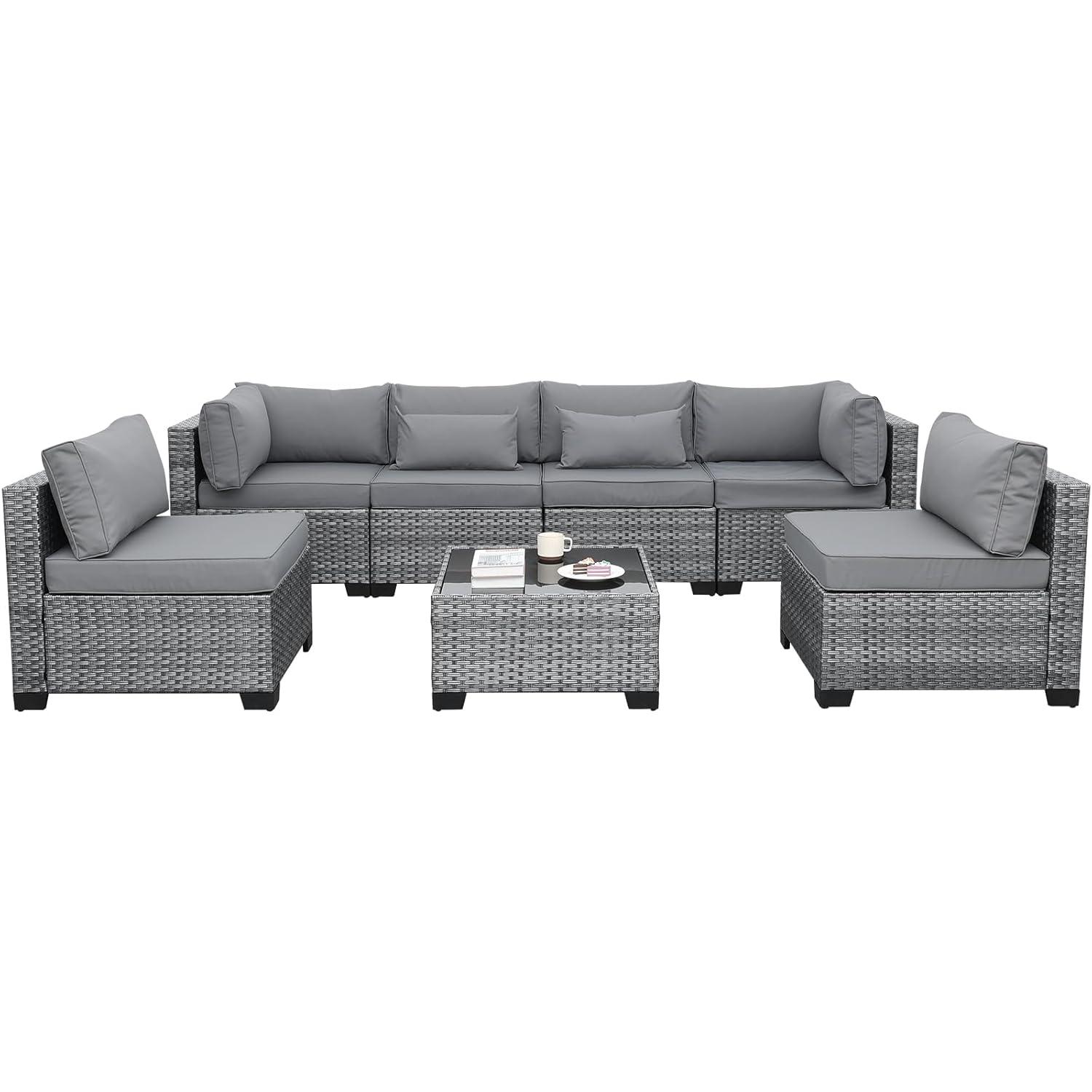 Valita 7 Piece Outdoor PE Wicker Furniture Set, Patio Gray Rattan Sectional Sofa Couch with Washable Grey Cushions