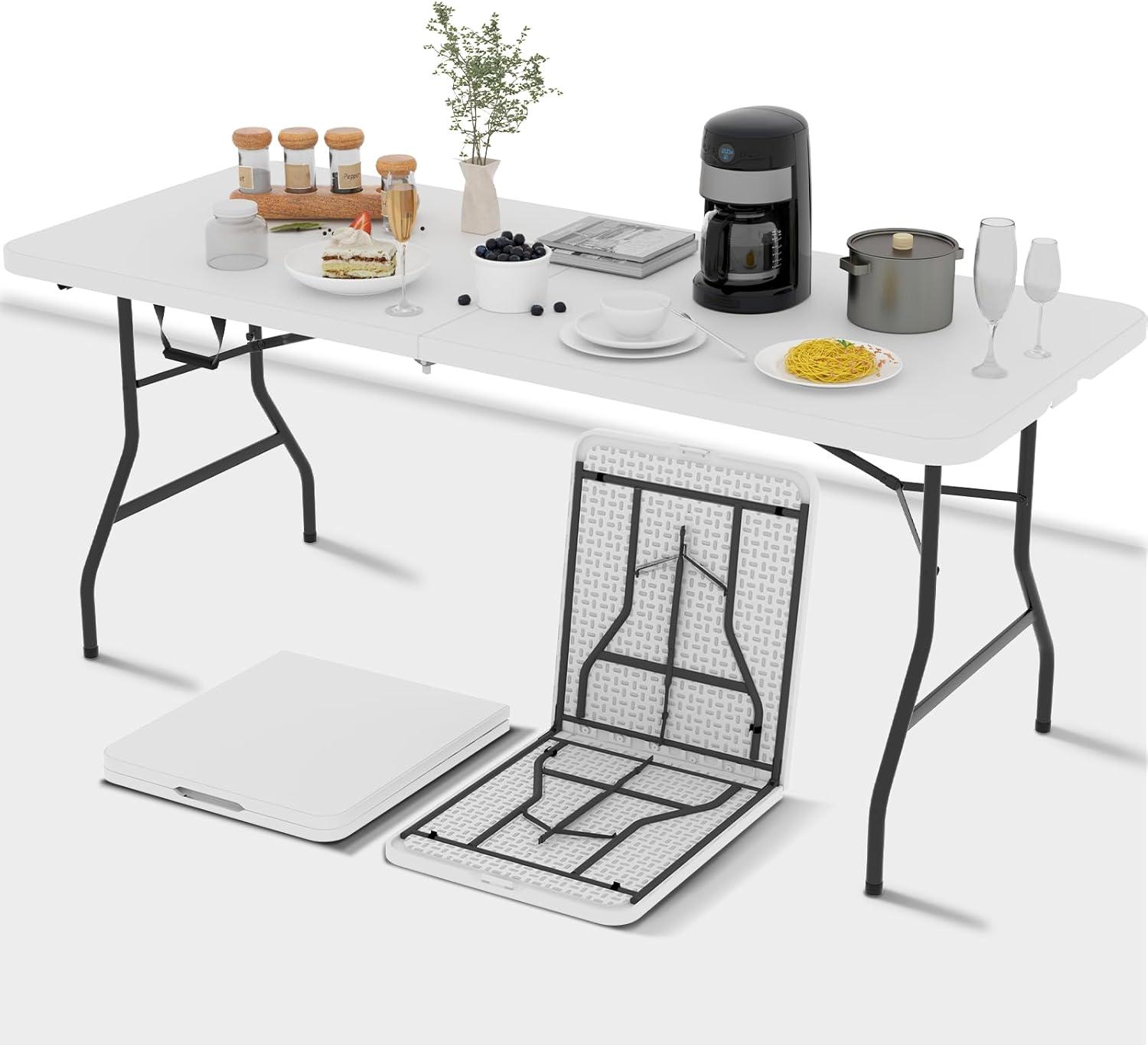 Folding Table 6 Foot,  Heavy-Duty, Portable Plastic Construction with Carrying Handle – Perfect for Picnics, Parties, and Office Indoor Outdoor Use, White