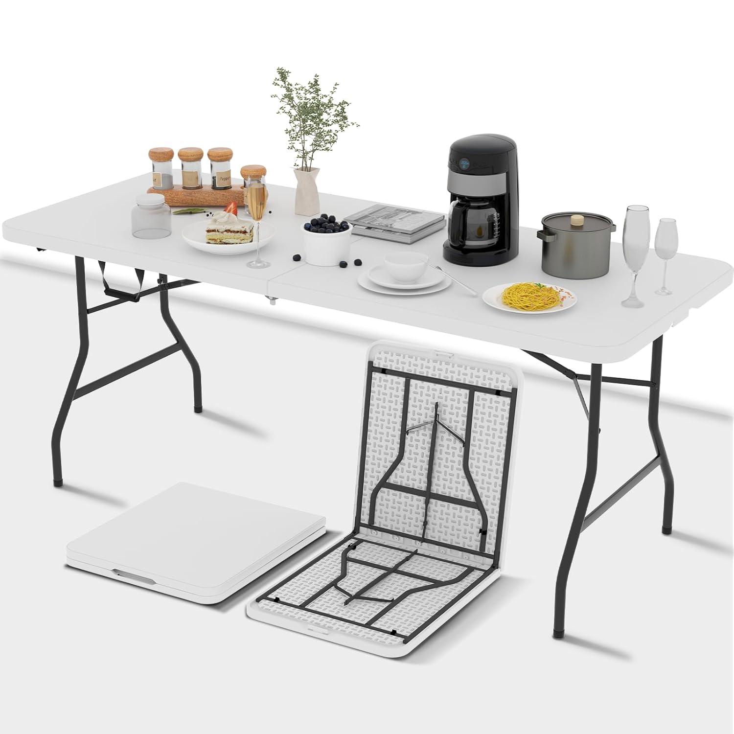 Folding Table 6 Foot,  Heavy-Duty, Portable Plastic Construction with Carrying Handle – Perfect for Picnics, Parties, and Office Indoor Outdoor Use, White