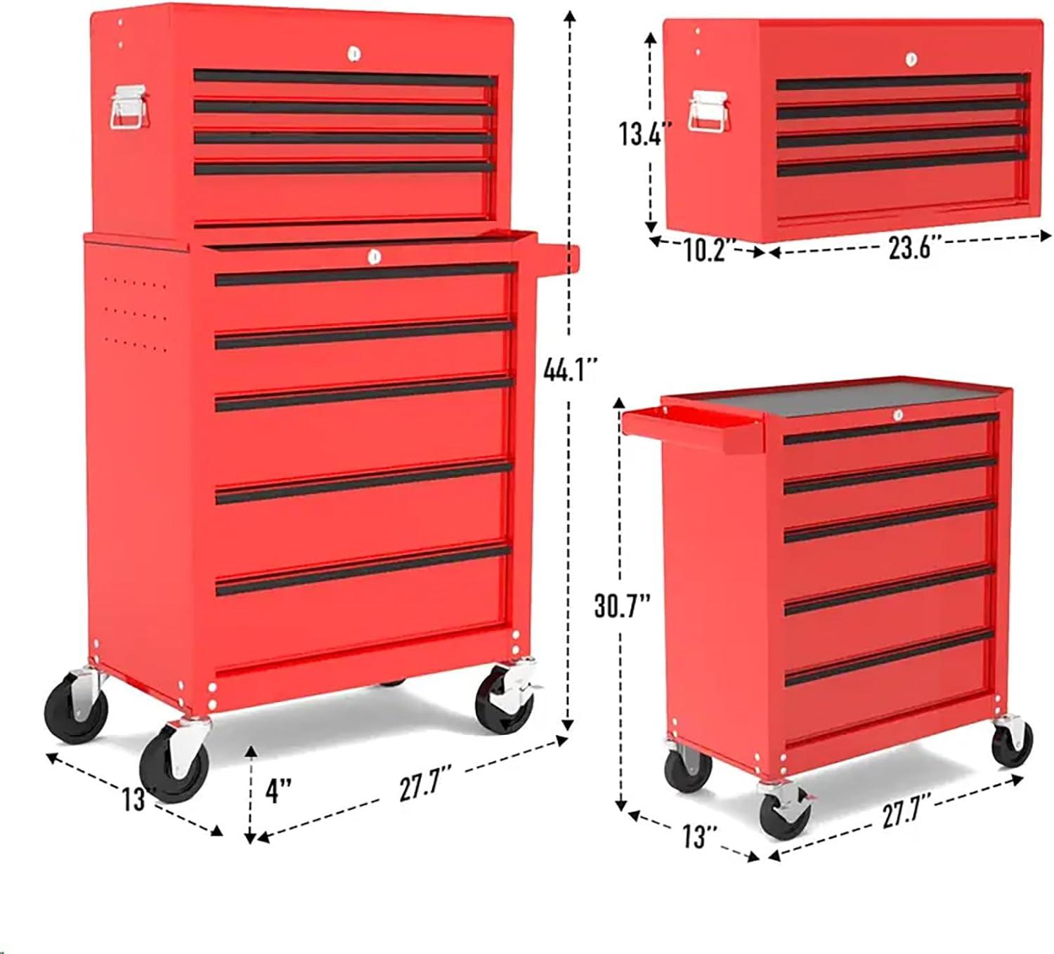 Multifunctional 5 Drawer Rolling Tool Chest, Powder-Coated Steel Construction Tool Cart with Pull Handle and lock for Garage, Warehouse, Workshop, Repair Shop, Red