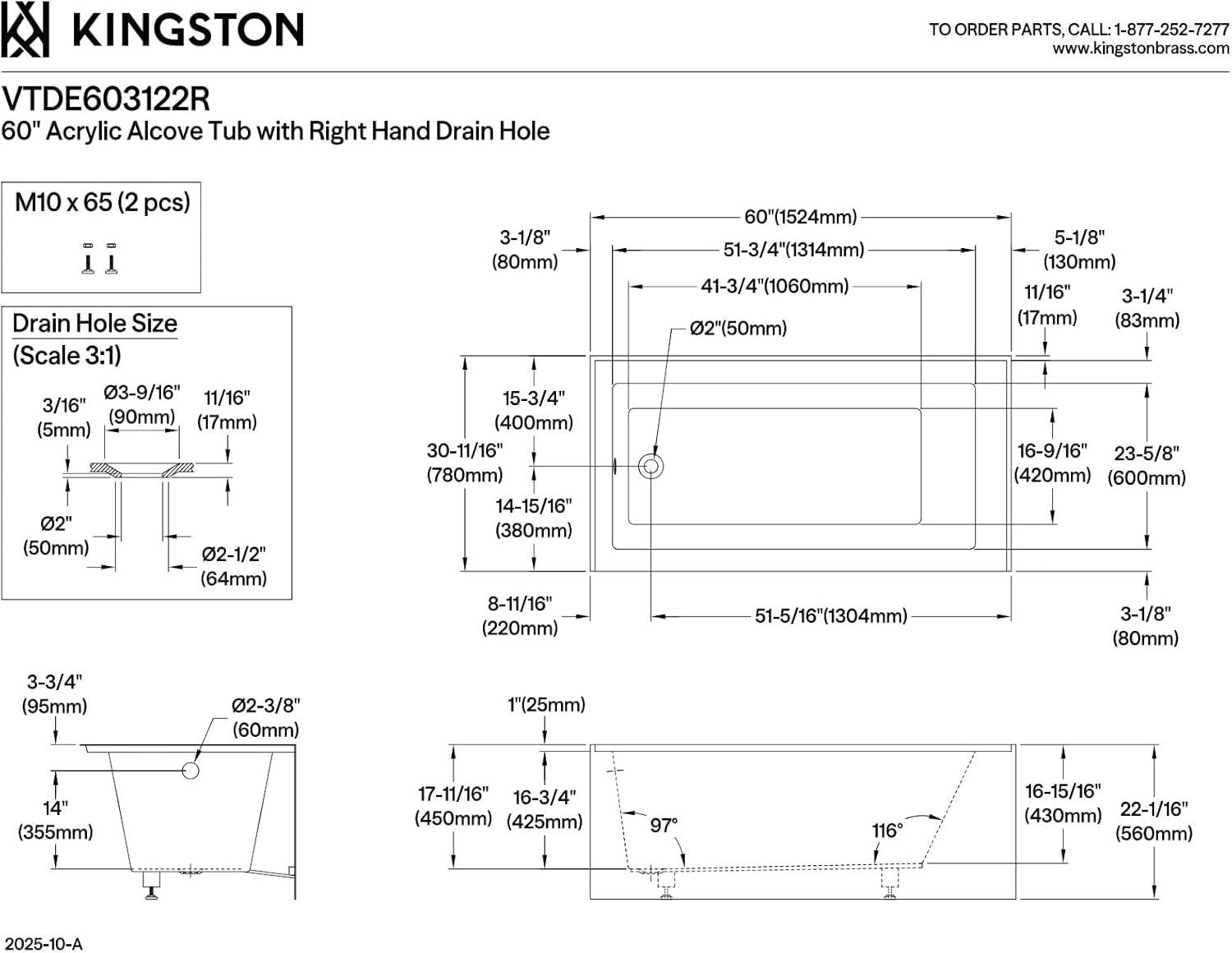 Kingston Brass Aqua Eden 60-Inch Acrylic Rectangular 3-Wall Alcove Tub