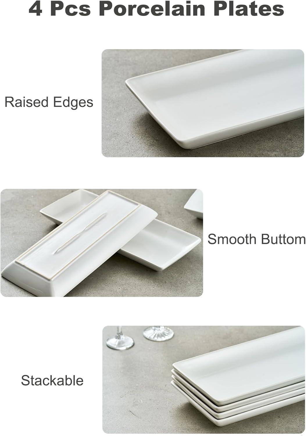 LAUCHUH Serving Platters and Tray White Serving Dishes for Entertaining 14-inch Large Rectangle Plates for Christmas, Porcelain Serving Trays for Steak, Taco, Sushi, Appetizer, Party, Set of 4