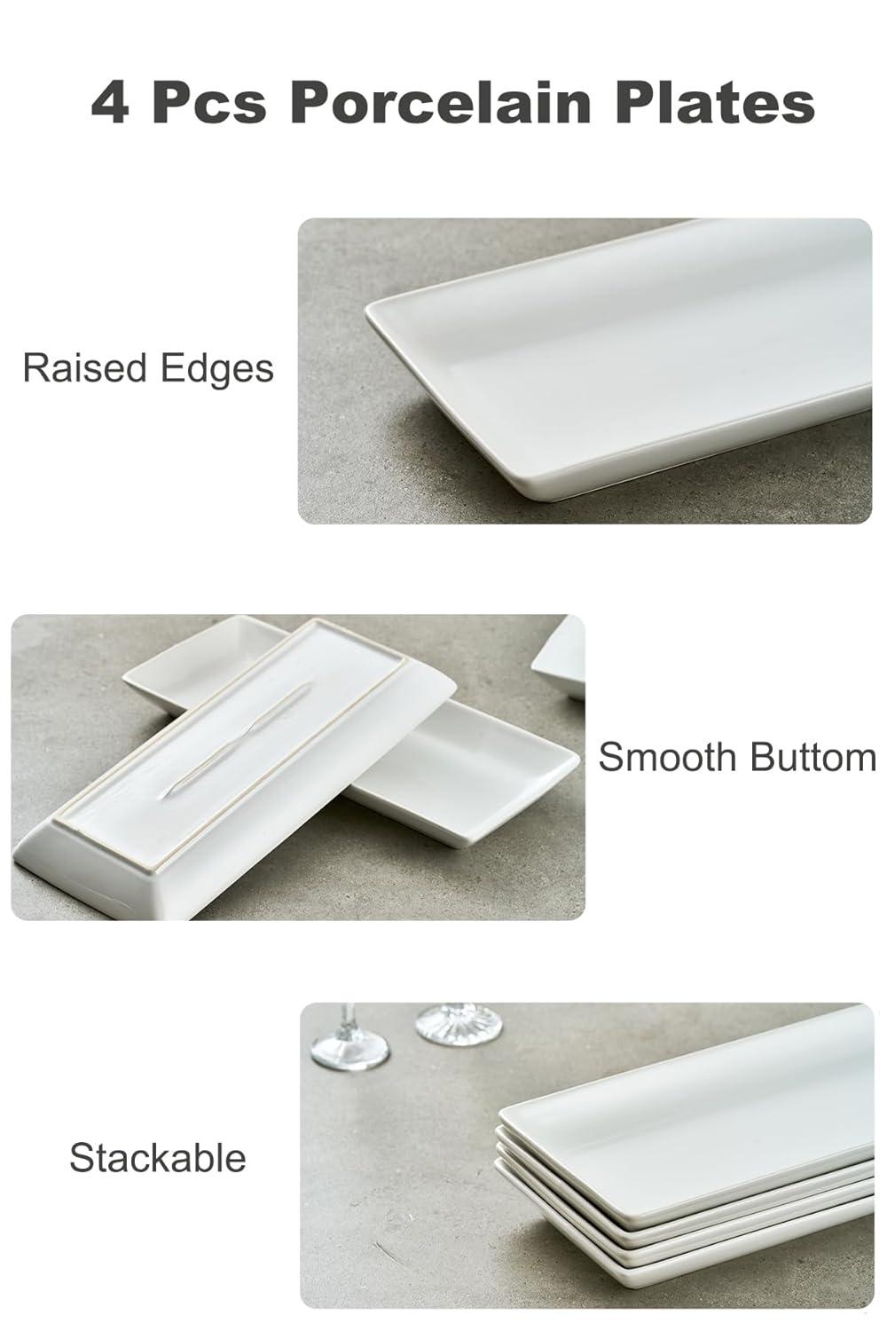 LAUCHUH Serving Platters and Tray White Serving Dishes for Entertaining 14-inch Large Rectangle Plates for Christmas, Porcelain Serving Trays for Steak, Taco, Sushi, Appetizer, Party, Set of 4