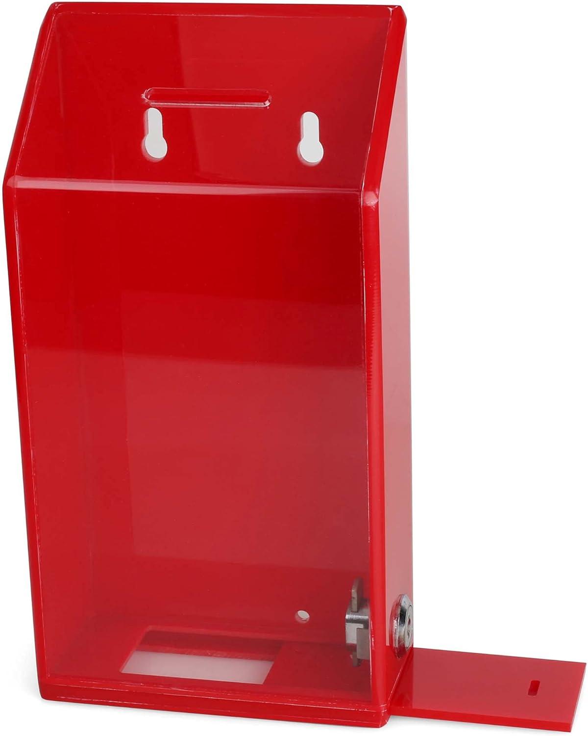 Rectangular Acrylic Donation Suggestion collection Box Pre Drilled Holes For Wall mounted Or Retail Countertop Tip Box with slant top 9.75 x 5 inches, Lock With set of keys Red