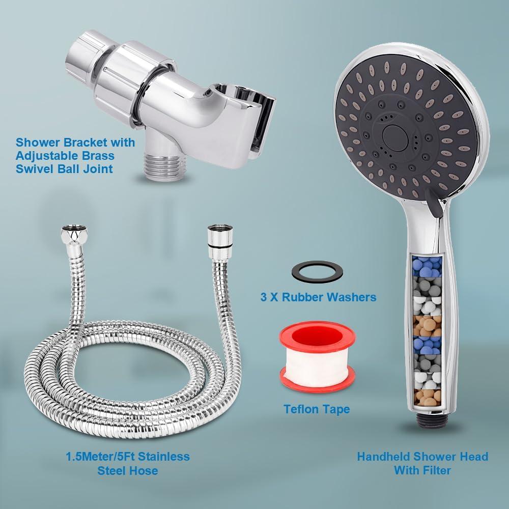 High Pressure Handheld Shower Head Briout 5-Settings Powerful Water Spray Shower Head against Low Pressure Water Flow with Stainless Hose and Adjustable Mount