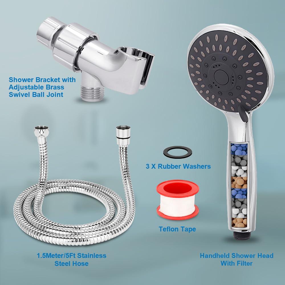 High Pressure Handheld Shower Head Briout 5-Settings Powerful Water Spray Shower Head against Low Pressure Water Flow with Stainless Hose and Adjustable Mount