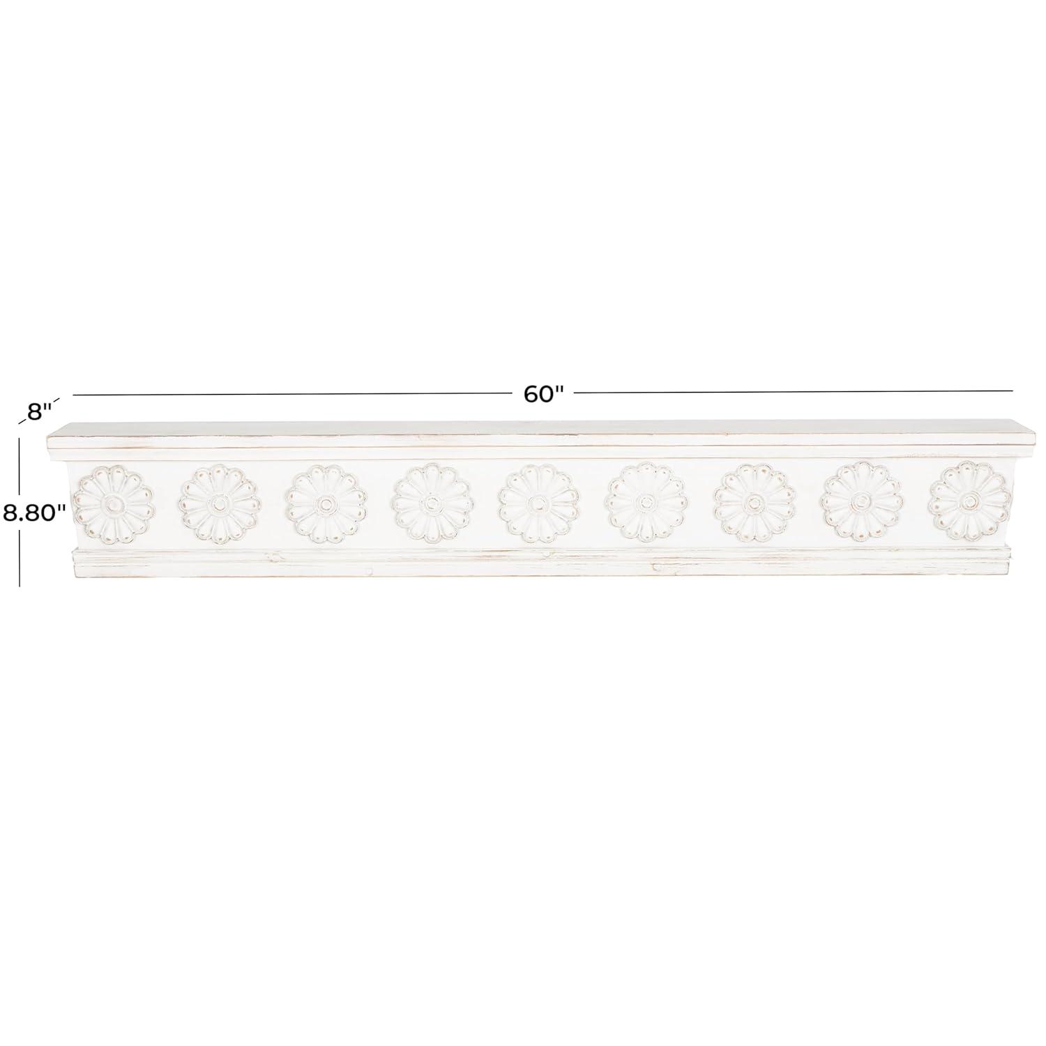 DecMode 36" x 5" Intricate Carved 1-Tier White Floral Wall Shelf