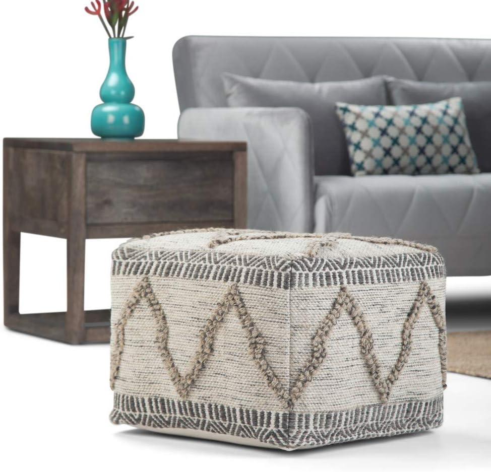 Sweeney Boho Handloom Woven Wool-Cotton Square Pouf in Grey Natural