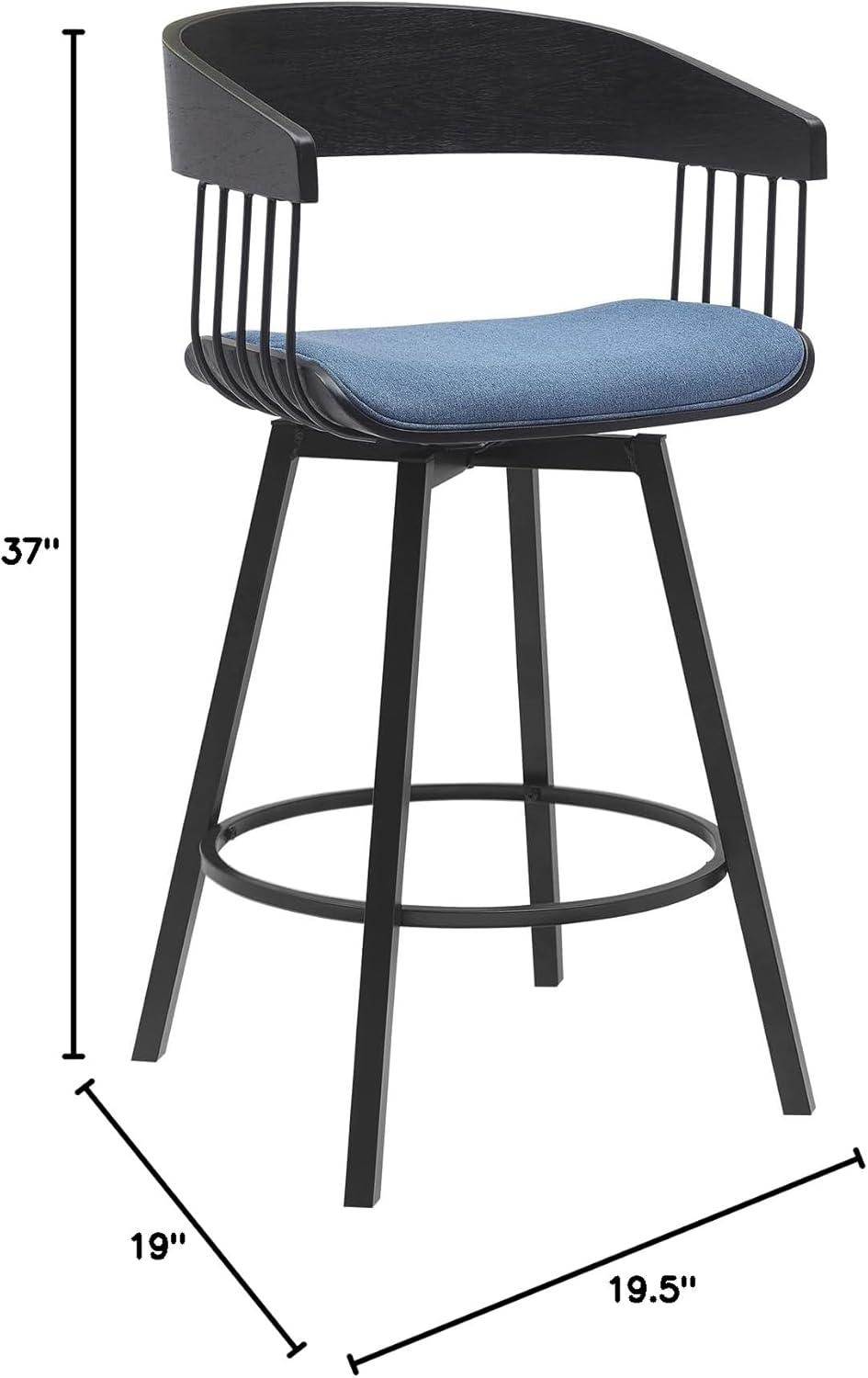 Armen Living Indoor Athena 27" Swivel Black Wood Counter Stool in Blue Fabric with Black Metal