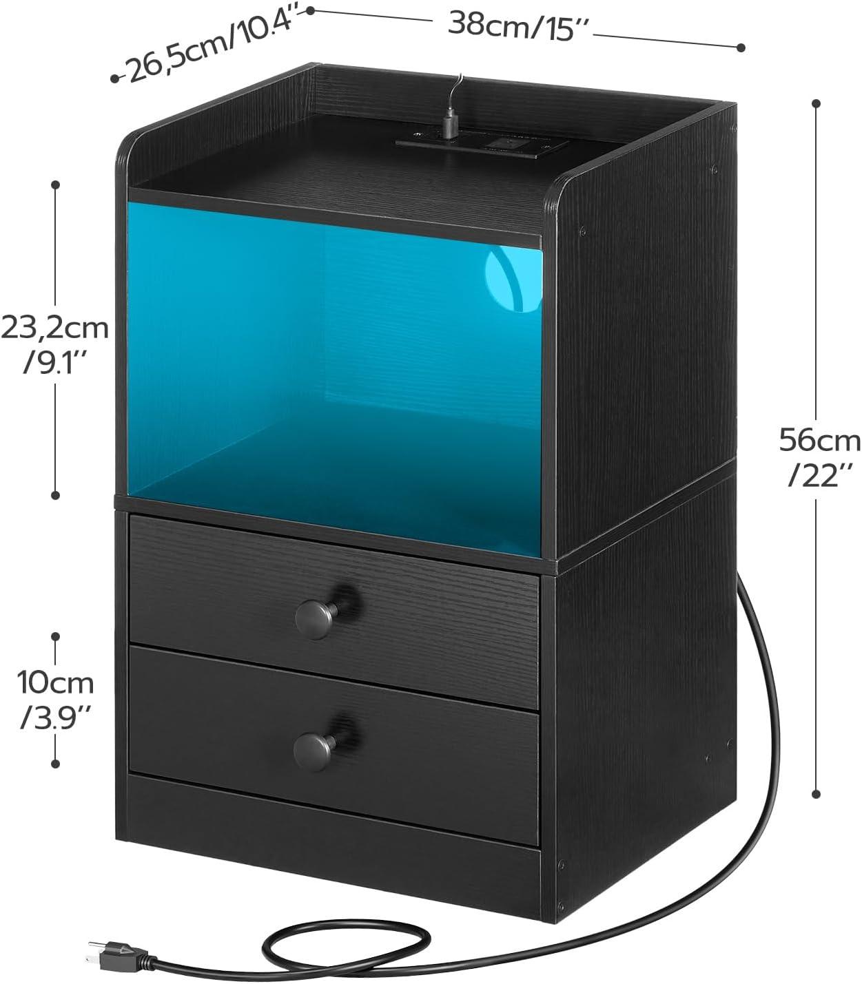 Black Modern Nightstand with LED Lights and Charging Station