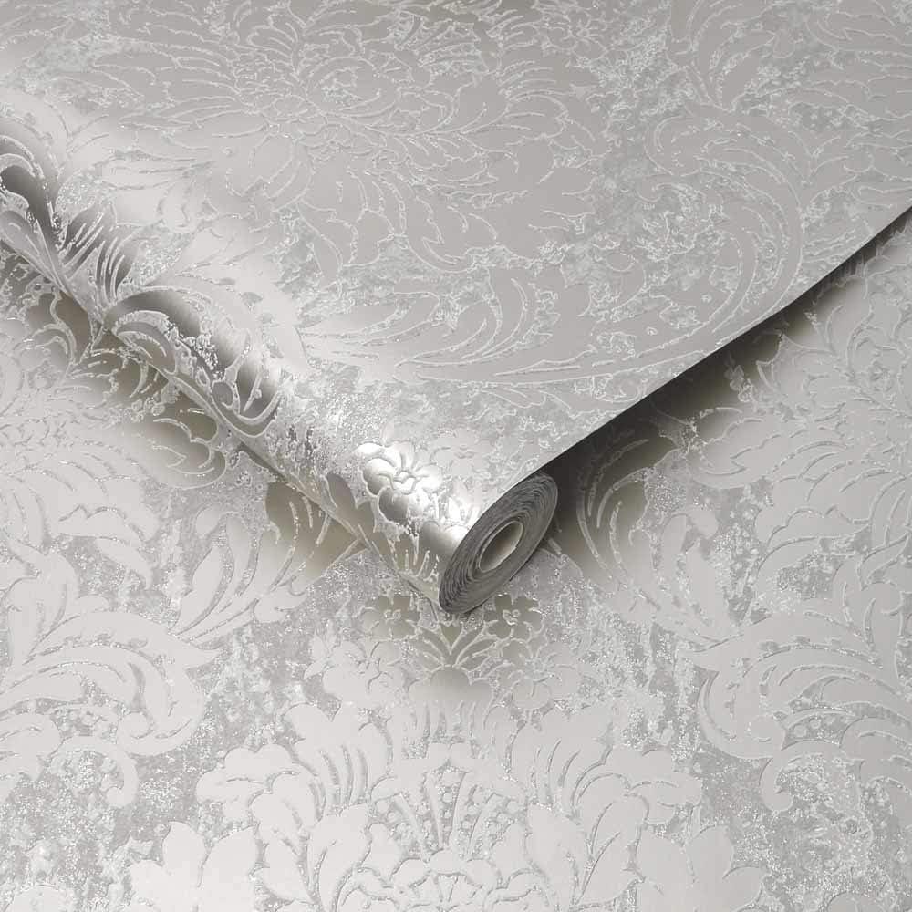 Milan Damask Grey and Rose Gold Textured Wallpaper