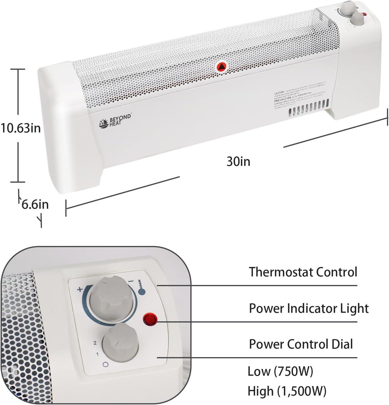 BEYOND HEAT Electric Baseboard Heater, 1500W Convection Heater with Adjustable thermostat and Overheat Protection, Slient Operation Heater for indoor use, White