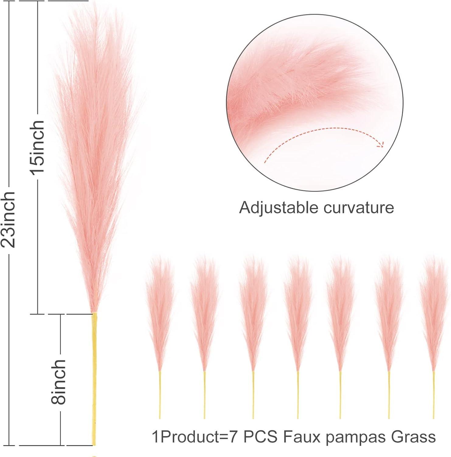 Faux Pampas Grass, Pink Pampas Grass Decor,7 Branches | Each Stem Fluffy Small Pompous Grass for Vase Filler in Table Vase Decor for House, Office, Boho Wedding Flower (Pink, 7PCS 24 inch)