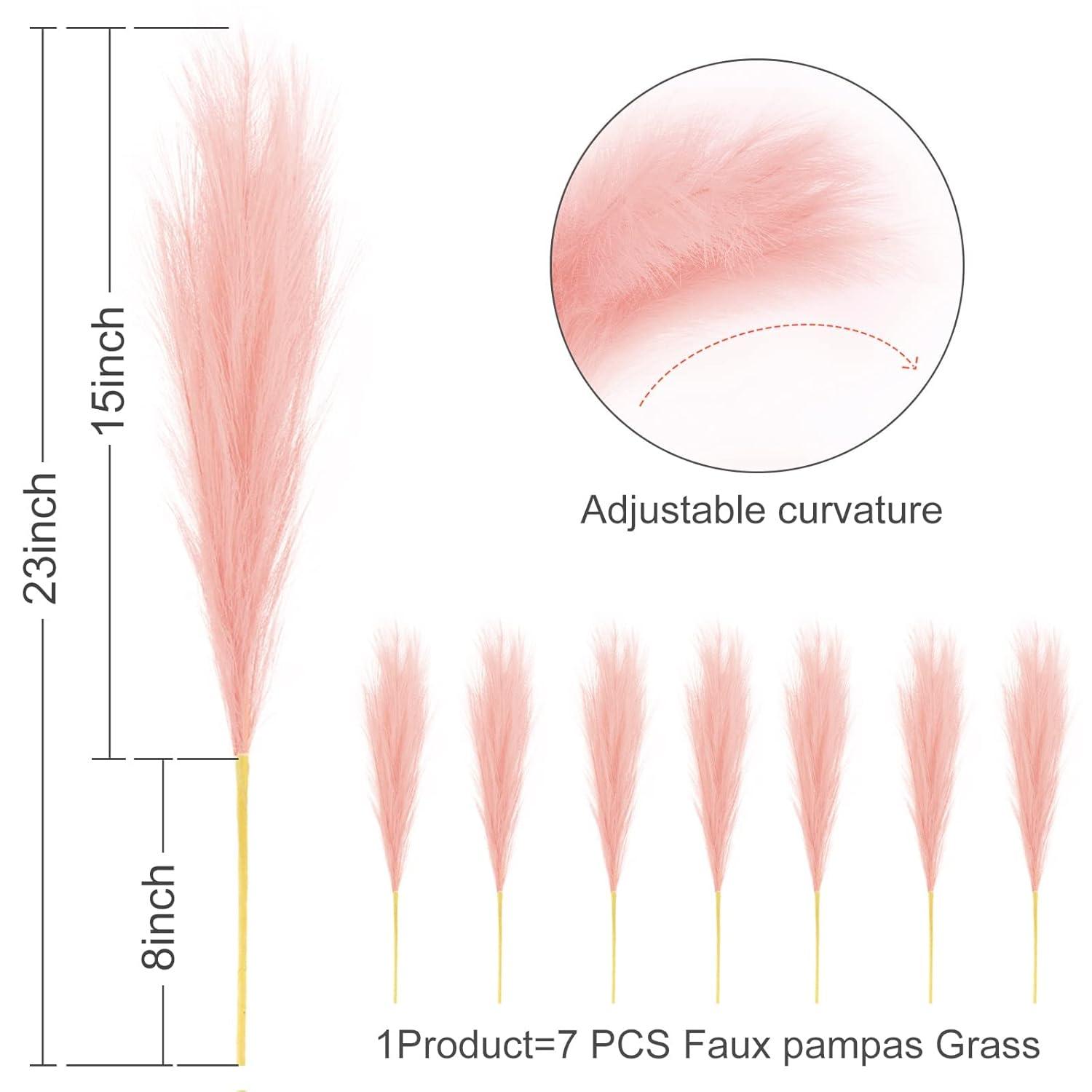 Faux Pampas Grass, Pink Pampas Grass Decor,7 Branches | Each Stem Fluffy Small Pompous Grass for Vase Filler in Table Vase Decor for House, Office, Boho Wedding Flower (Pink, 7PCS 24 inch)