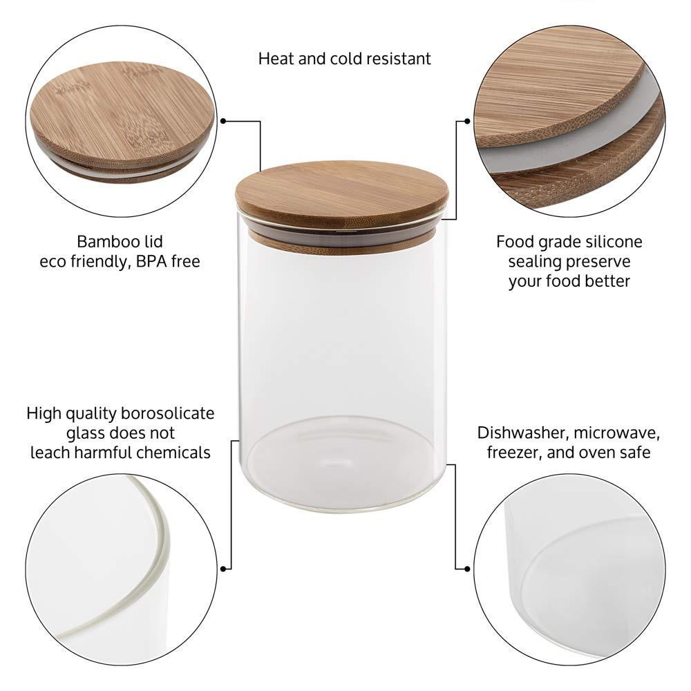 Glass Storage Jars with Bamboo Airtight Lids, Set of 5 Glass Canisters Sets for Kitchen Pantry