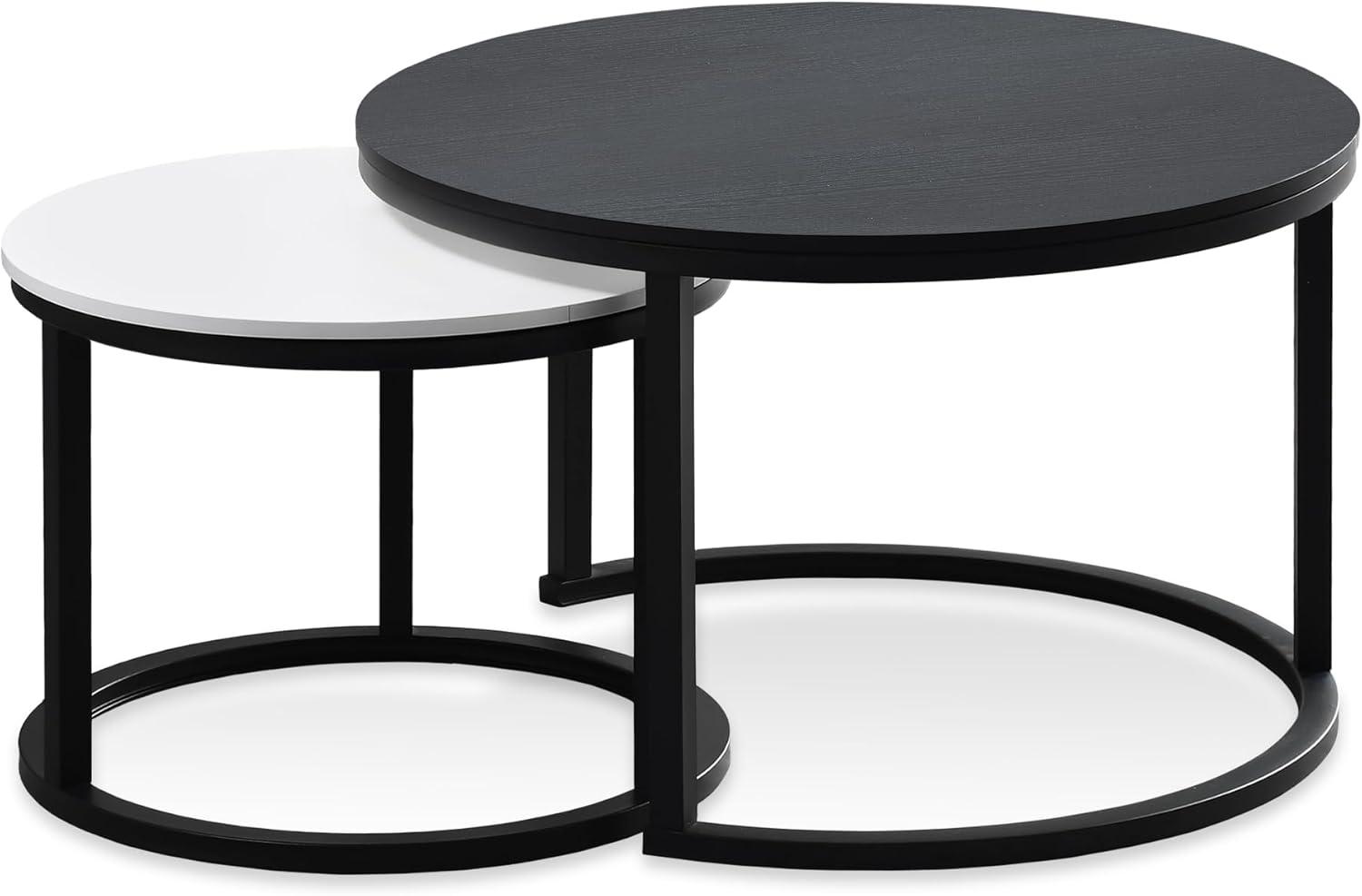 DEXTRUS Round Nesting Coffee Table Set of 2, Snack End Table with Metal Frame for Living Room, White & Black