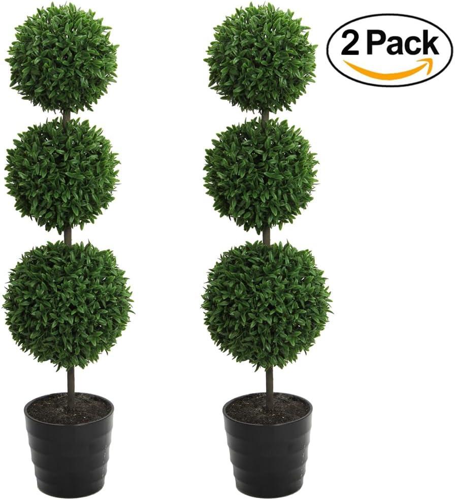 Admired By Nature 24" Faux Tabletop English Boxwood 3 Ball Topiary Plant in Pot, Green