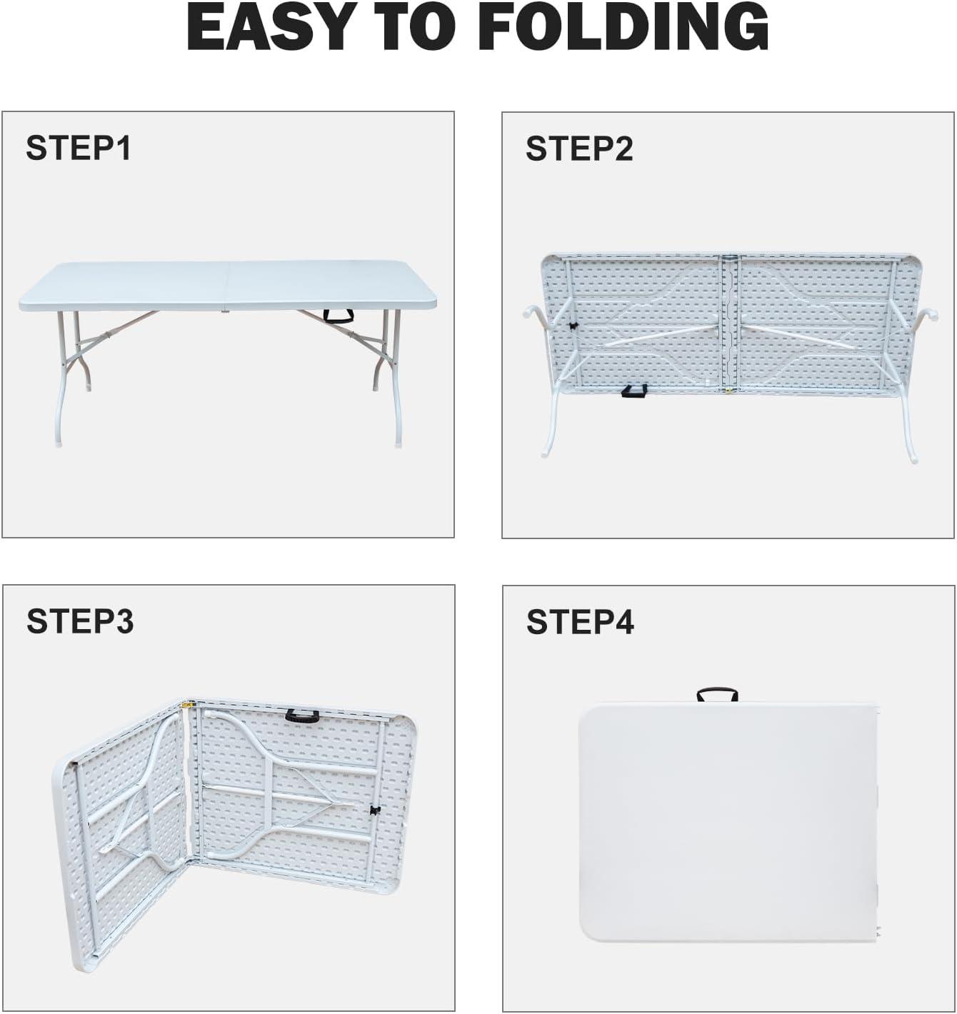 6ft Folding Table, Portable Plastic Table for Camping, Picnics, Parties, High Load Bearing Foldable Table White