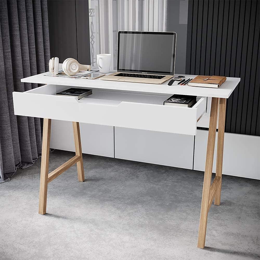 White Rectangular Modern Wood Writing Desk with Drawer