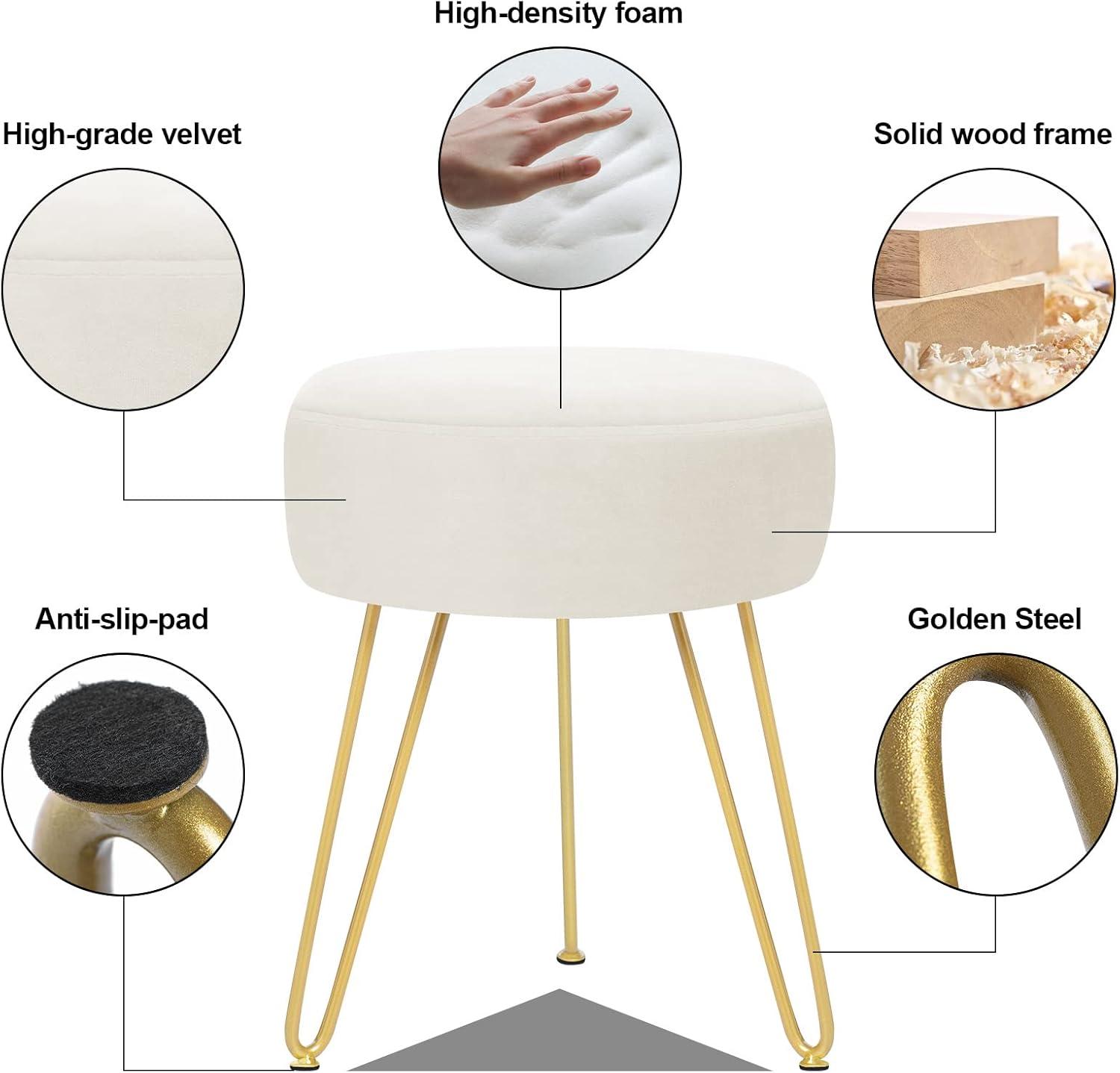 GERANT Multifunctional Vanity Stools - Velvet Round Ottoman Modern Dressing Stool -Upholstered Footrest Stool - Side Table Footstool with Golden Metal Leg for Living Room, Bedroom(Beige)