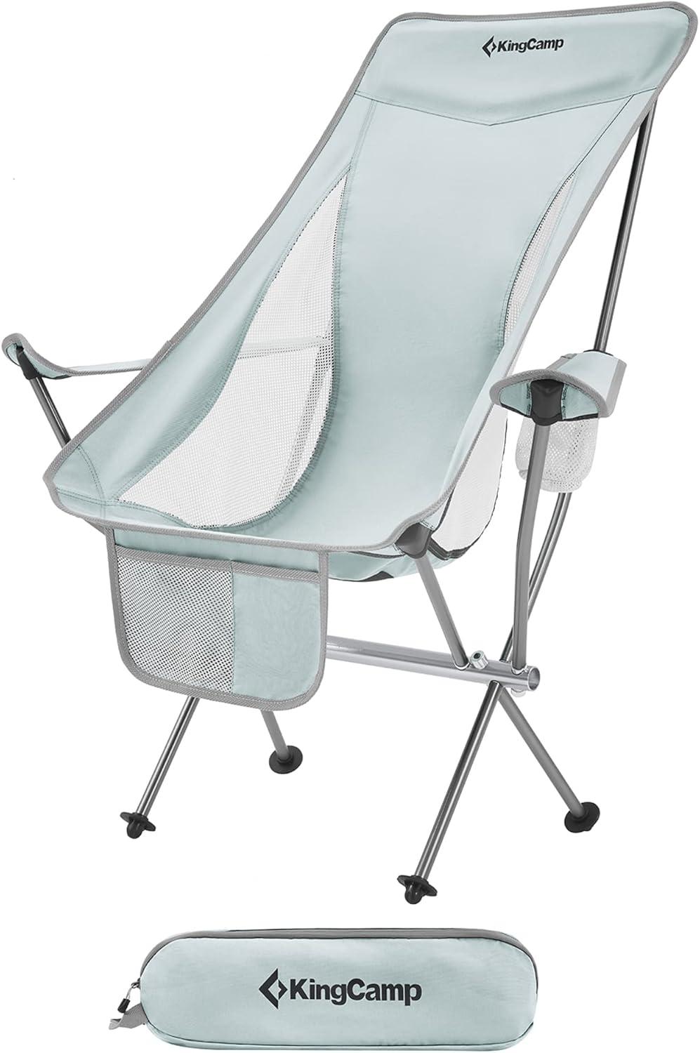 KingCamp Lightweight Padded Highback Folding Lounge Chair with Cupholder, Side Storage Pocket, and Carry Bag for Indoor or Outdoors, Grey