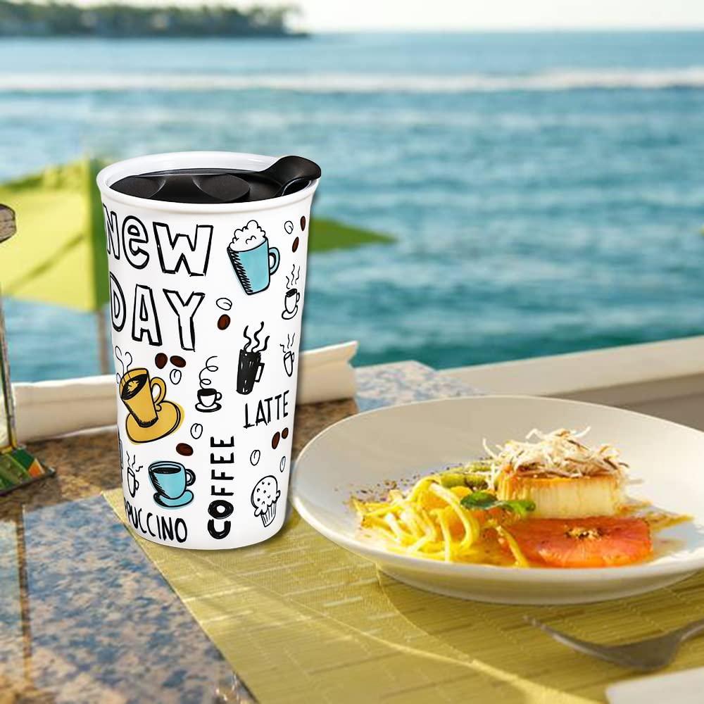 New Day Ceramic Travel Tumbler with Lid, 12 oz, White and Black