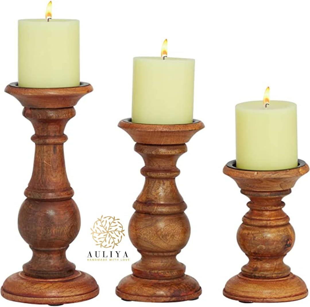 AULIYA Wooden Candle Holders Pillar Candles Holder Rustic Wood Stand Decorative Polish Candlestick Set of 3 for Home Decor - 6" 8" 10" Silver