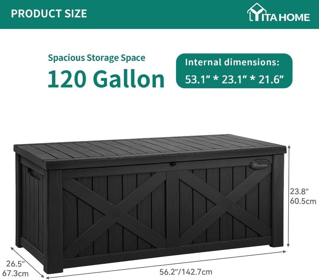 DWVO 120 Gallon Outdoor Storage Patio Deck Box Resin Waterproof Heavy Duty Organizer, Black