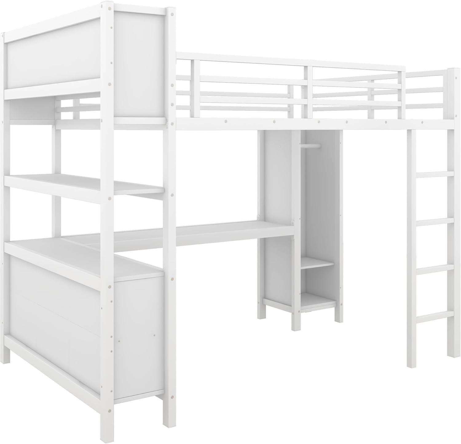 Full Size Metal Loft Bed with Wardrobe and L-Shaped Desk, Heavy-Duty Loft Bed with Storage Cubes and Shelves, White - ModernLuxe