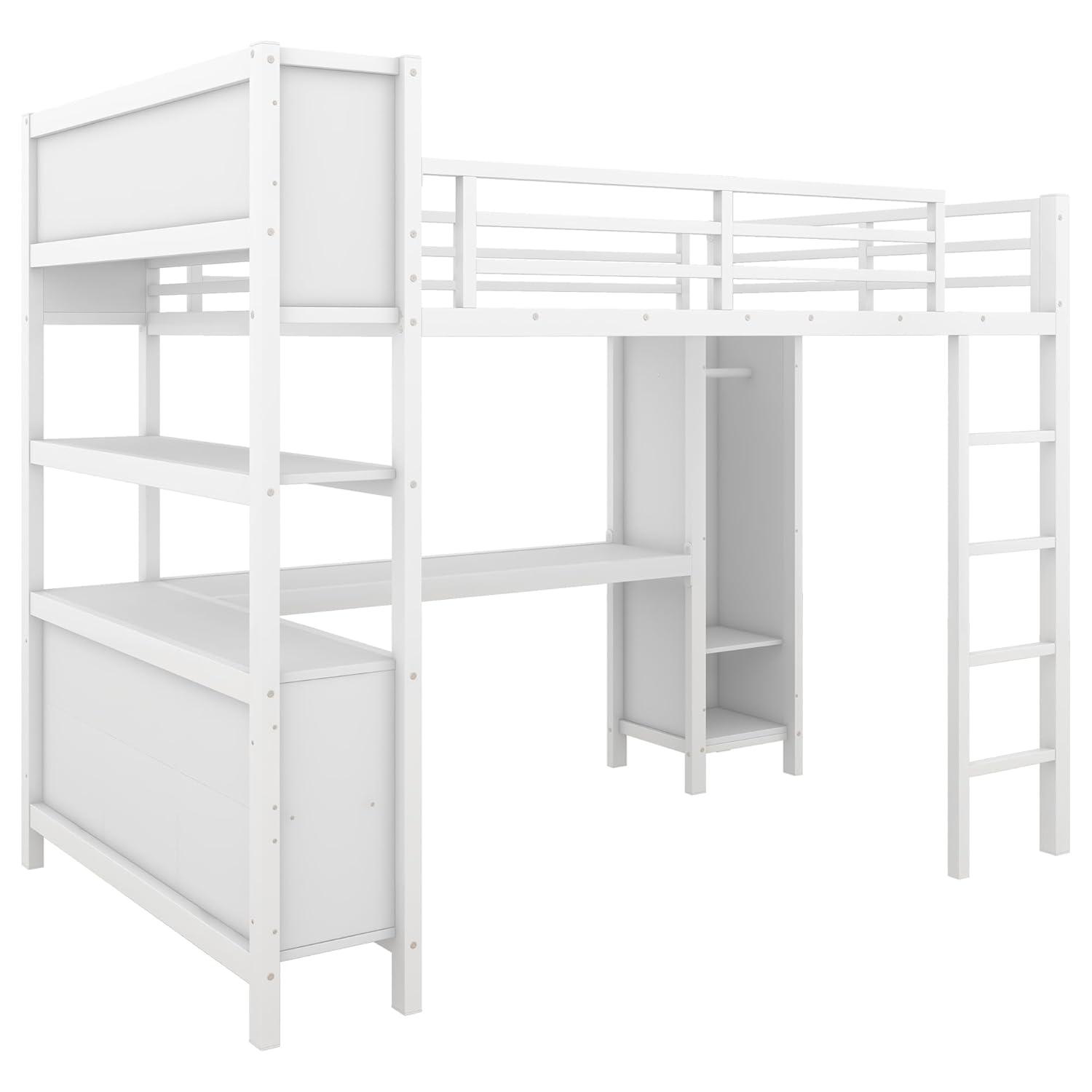 Full Size Metal Loft Bed with Wardrobe and L-Shaped Desk, Heavy-Duty Loft Bed with Storage Cubes and Shelves, White - ModernLuxe