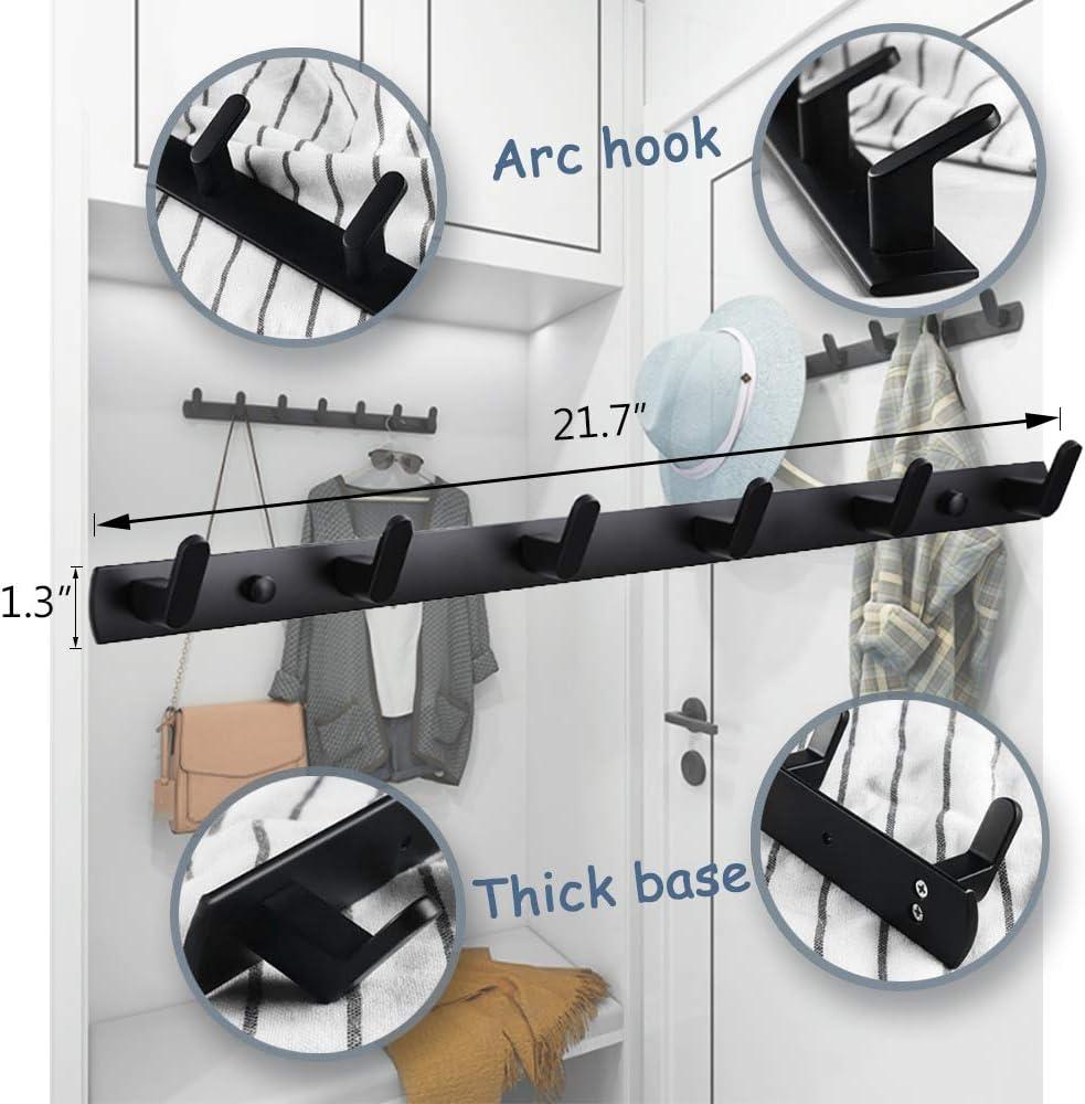 Wall Mounted Coat Racks with 6 Hooks Hanging Holder Towel Rack 21.7"x1.3" Modern Black Hanging for Clothes Entryway Bathroom (6 Hooks(2 Packs))