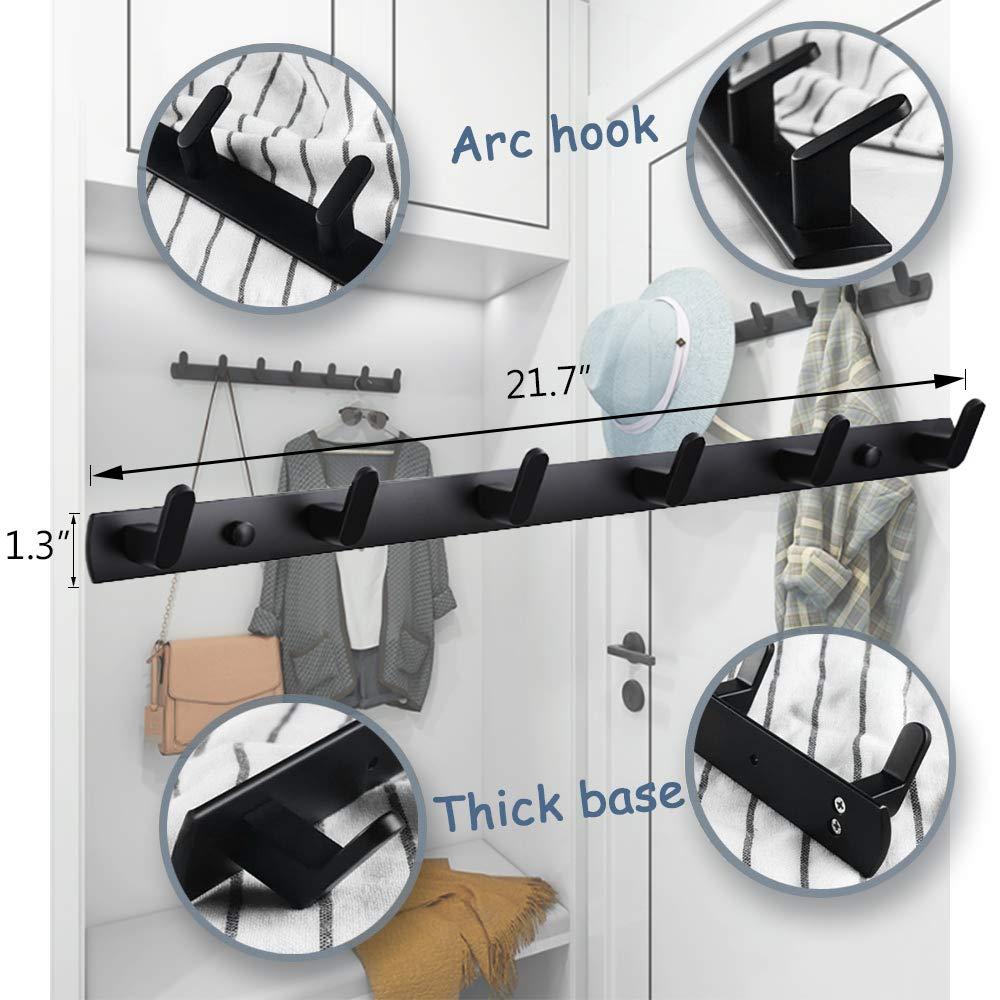 Wall Mounted Coat Racks with 6 Hooks Hanging Holder Towel Rack 21.7"x1.3" Modern Black Hanging for Clothes Entryway Bathroom (6 Hooks(2 Packs))