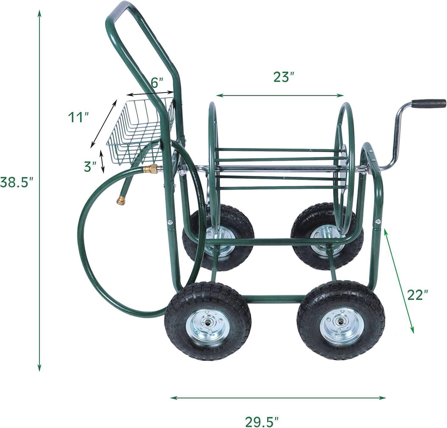 Green Heavy-Duty Metal Garden Hose Reel Cart with Wheels