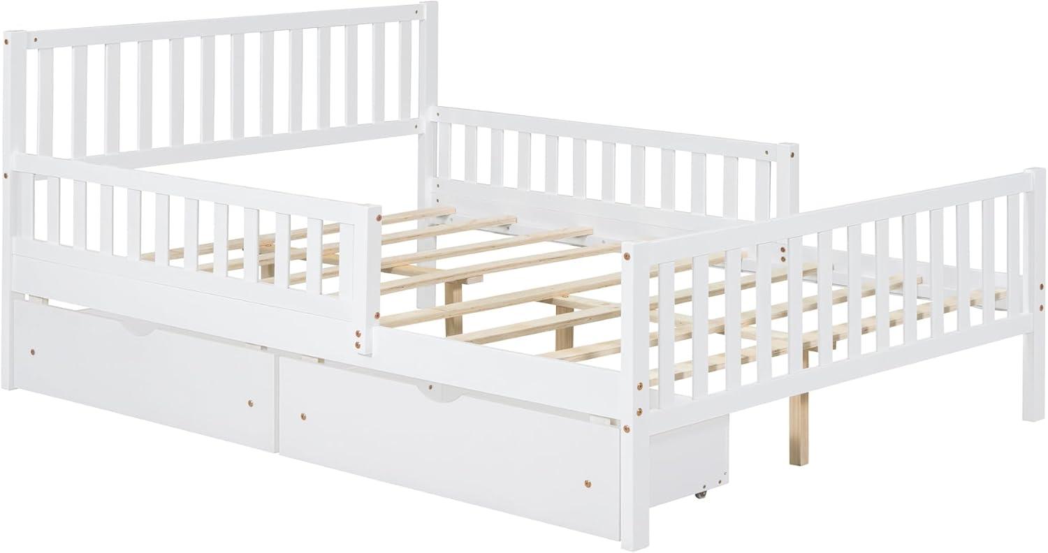 Kids Full Bed with Guardrails, Low Platform Bed with Headboard and Footboard, White Children Bed Frame with 2 Drawers for Boy Girl