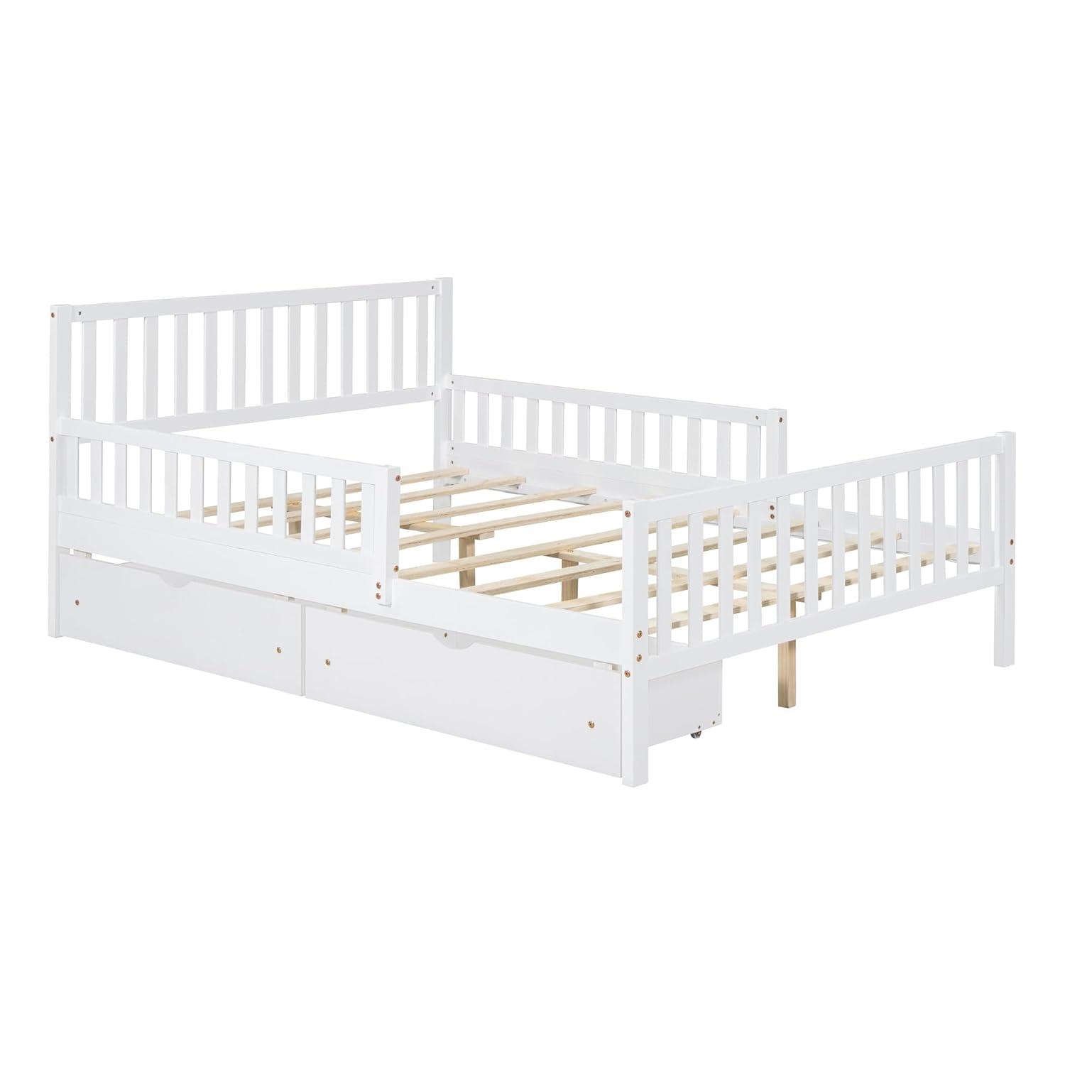 Kids Full Bed with Guardrails, Low Platform Bed with Headboard and Footboard, White Children Bed Frame with 2 Drawers for Boy Girl