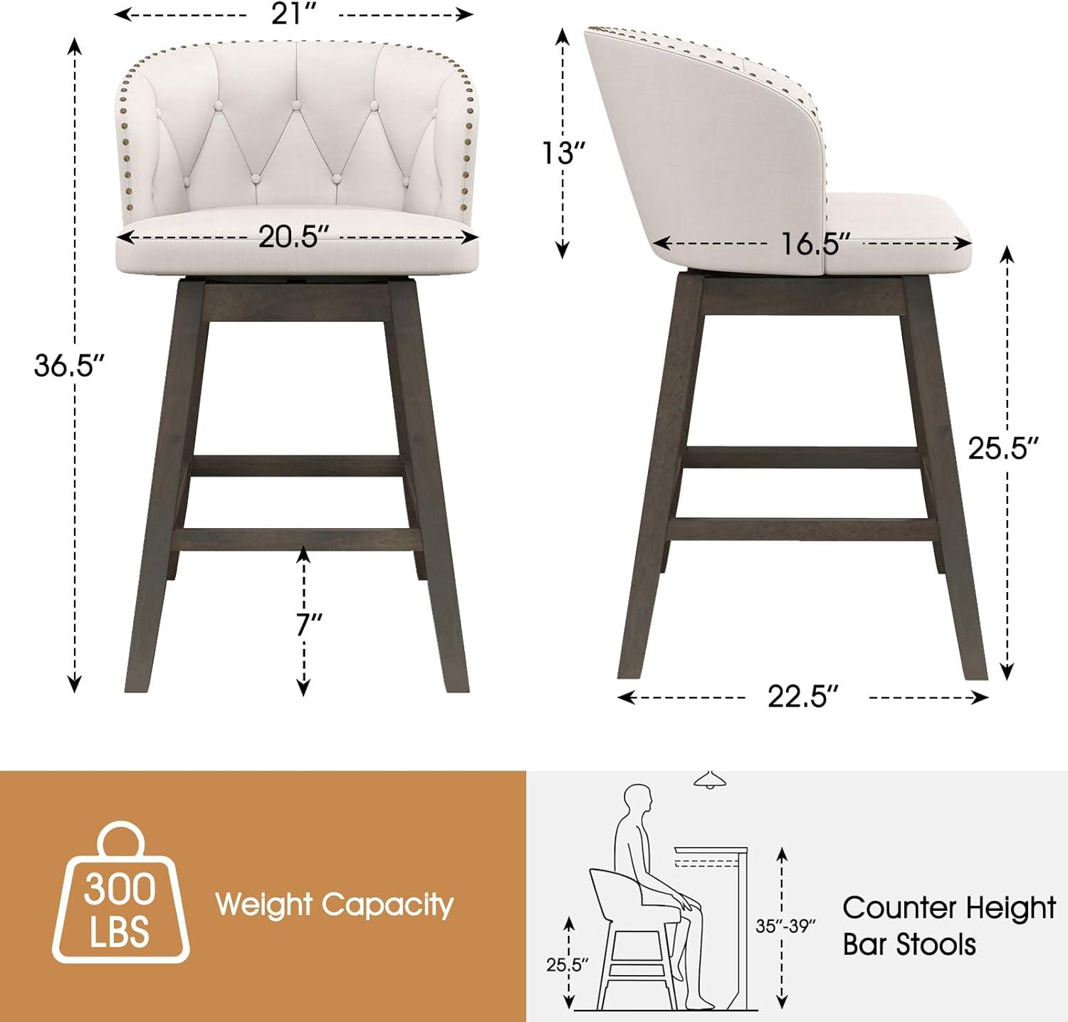 Costway 2 PCS Counter Height Bar Stools Fabric Upholstered Island Stools with 360° Swivel Seat Beige