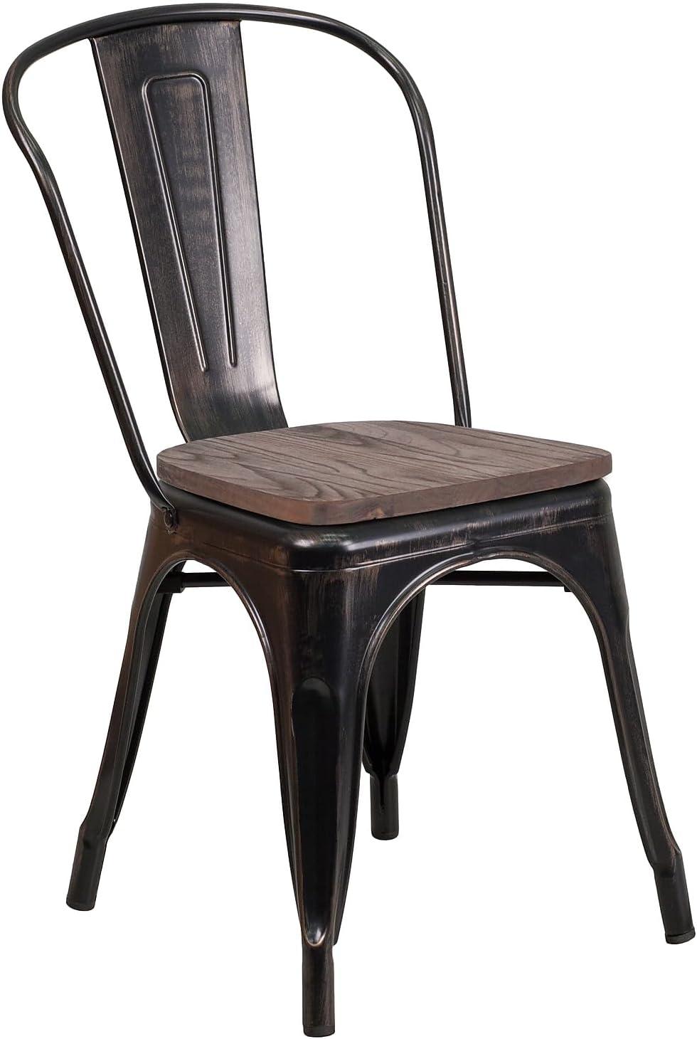 Flash Furniture Black-Antique Gold Metal Stackable Chair with Wood Seat